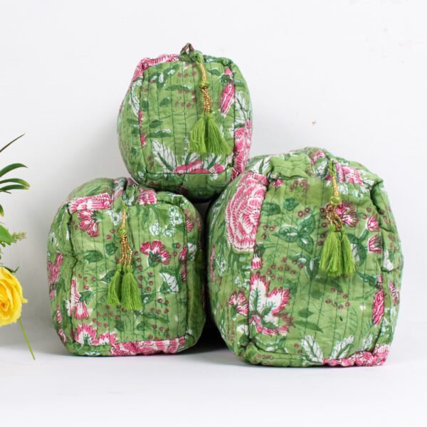 Lime Floral Makeup Bag Set | Wholesale Block Printed Pouches | Premium Cosmetic Organisers - Image 4