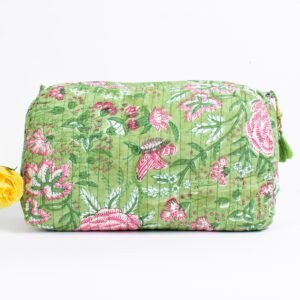 Lime Floral Makeup Bag Set | Wholesale Block Printed Pouches | Premium Cosmetic Organisers