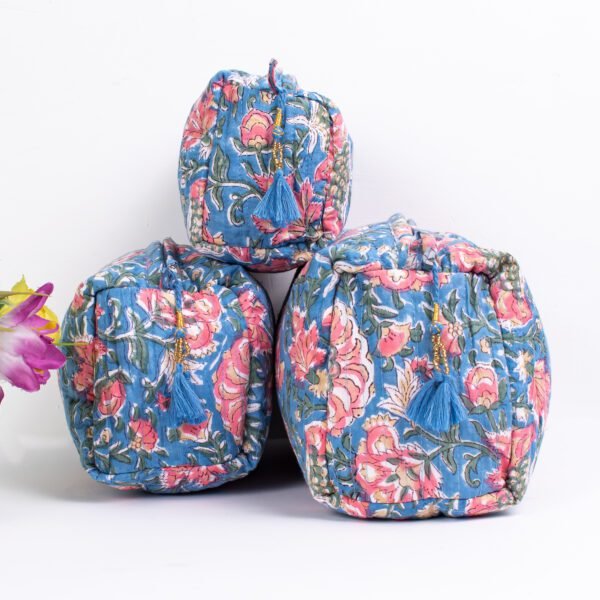 Blue Floral Block Print Makeup Bag Set | Wholesale Hand Printed Cosmetic Pouches | Waterproof Travel Organisers - Image 4