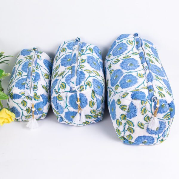 Blue Cornflower Block Print Makeup Bag Set | Wholesale Quilted Pouches | Premium Cosmetic Organisers - Image 2