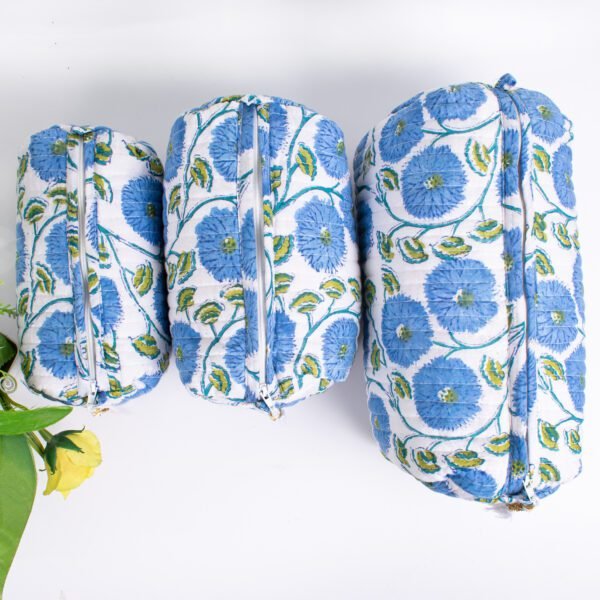 Blue Cornflower Block Print Makeup Bag Set | Wholesale Quilted Pouches | Premium Cosmetic Organisers - Image 3