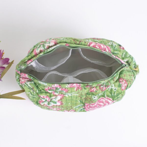 Lime Floral Makeup Bag Set | Wholesale Block Printed Pouches | Premium Cosmetic Organisers - Image 5