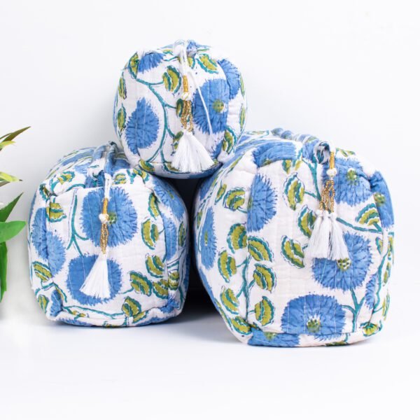 Blue Cornflower Block Print Makeup Bag Set | Wholesale Quilted Pouches | Premium Cosmetic Organisers - Image 4