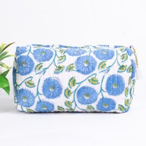 Blue Cornflower Block Print Makeup Bag Set | Wholesale Quilted Pouches | Premium Cosmetic Organisers