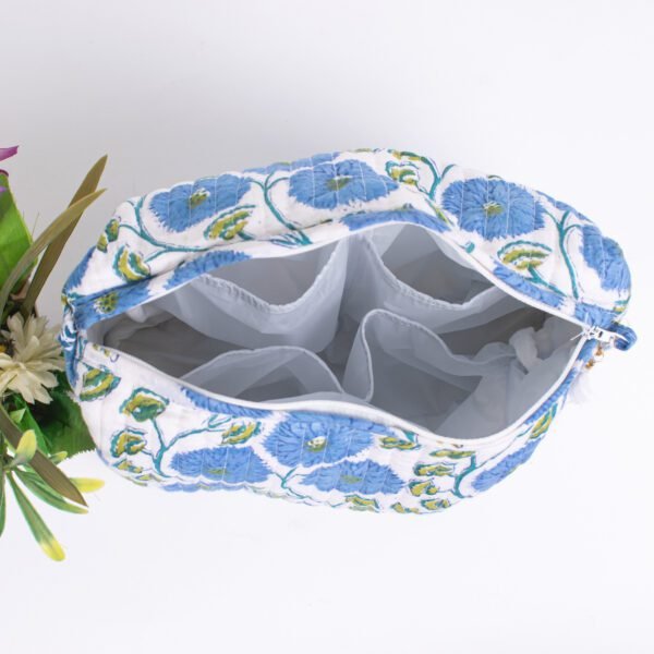 Blue Cornflower Block Print Makeup Bag Set | Wholesale Quilted Pouches | Premium Cosmetic Organisers - Image 5