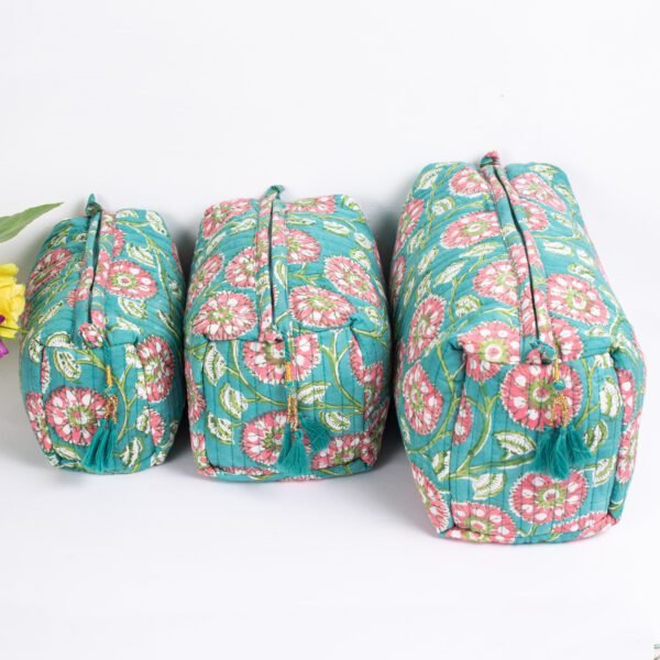 Turquoise Block Print Makeup Bag Set | Wholesale Cosmetic Pouches | Handcrafted Travel Organisers - Image 2
