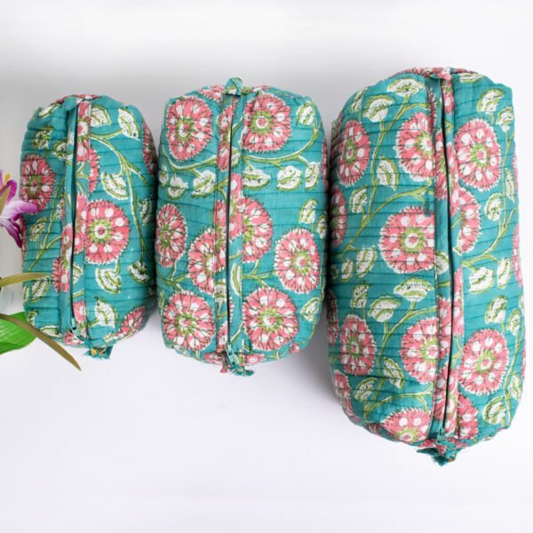 Turquoise Block Print Makeup Bag Set | Wholesale Cosmetic Pouches | Handcrafted Travel Organisers - Image 3