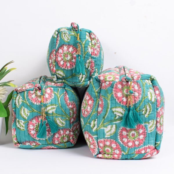 Turquoise Block Print Makeup Bag Set | Wholesale Cosmetic Pouches | Handcrafted Travel Organisers - Image 4