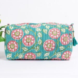 Turquoise Block Print Makeup Bag Set | Wholesale Cosmetic Pouches | Handcrafted Travel Organisers