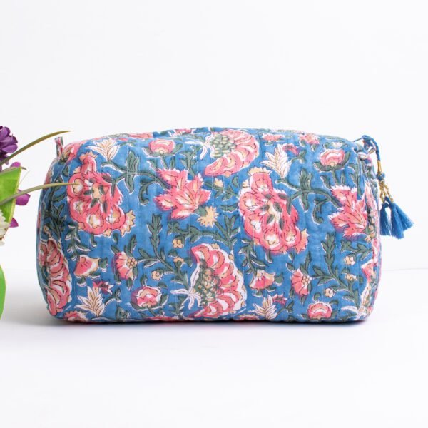 Blue Floral Block Print Makeup Bag Set | Wholesale Hand Printed Cosmetic Pouches | Waterproof Travel Organisers