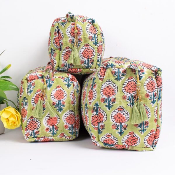 Apple Motif Block Print Makeup Bag Set | Artisanal Cosmetic Pouches | Hand-Printed Travel Organisers - Image 4