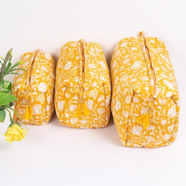 Golden Lotus Block Print Makeup Bag Set | Premium Cosmetic Pouches | Botanical Travel Organisers - Image 2