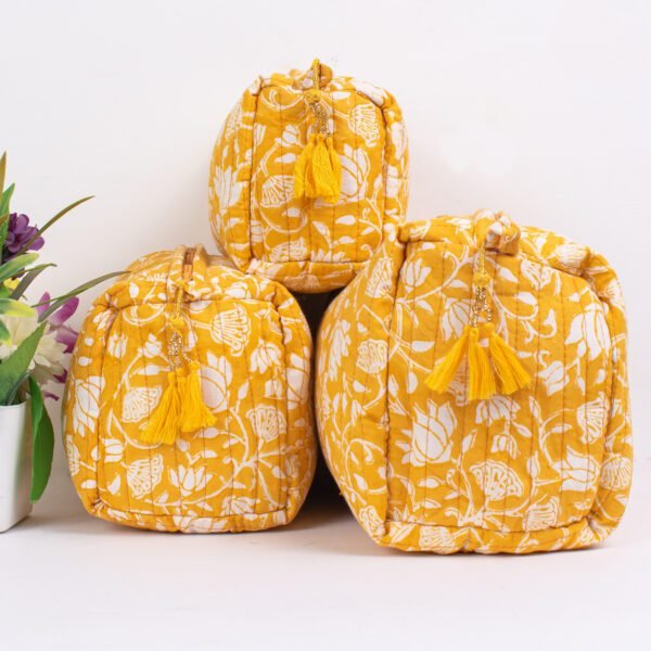 Golden Lotus Block Print Makeup Bag Set | Premium Cosmetic Pouches | Botanical Travel Organisers - Image 4