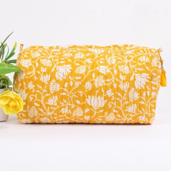 Golden Lotus Block Print Makeup Bag Set | Premium Cosmetic Pouches | Botanical Travel Organisers