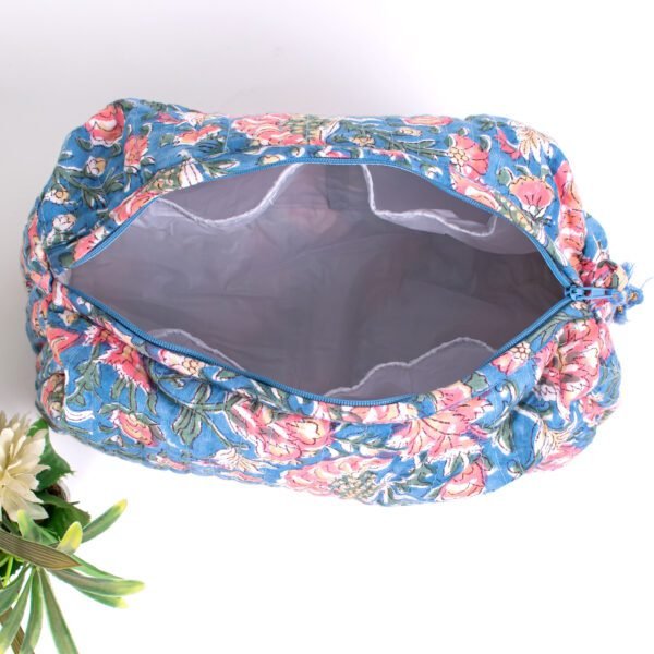 Blue Floral Block Print Makeup Bag Set | Wholesale Hand Printed Cosmetic Pouches | Waterproof Travel Organisers - Image 5
