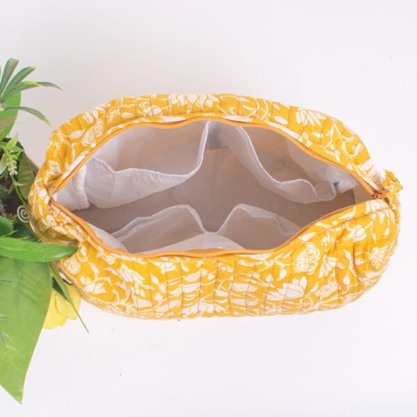 Golden Lotus Block Print Makeup Bag Set | Premium Cosmetic Pouches | Botanical Travel Organisers - Image 5