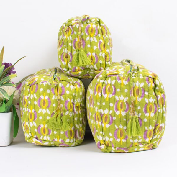Lime Iris Block Print Makeup Bag Set | Wholesale Cosmetic Pouches | Bulk Travel Organisers - Image 4