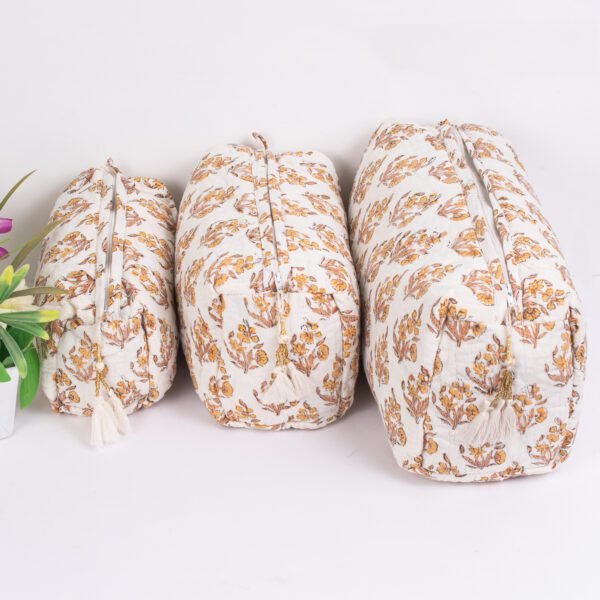 Handcrafted Makeup Bag Set | Block Printed Cosmetic Pouches | Ivory & Gold Travel Organisers - Image 2