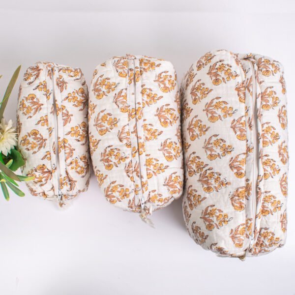 Handcrafted Makeup Bag Set | Block Printed Cosmetic Pouches | Ivory & Gold Travel Organisers - Image 3