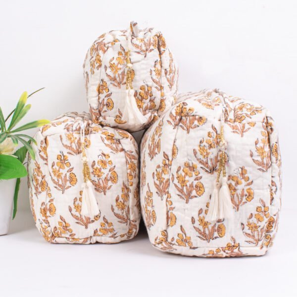 Handcrafted Makeup Bag Set | Block Printed Cosmetic Pouches | Ivory & Gold Travel Organisers - Image 4