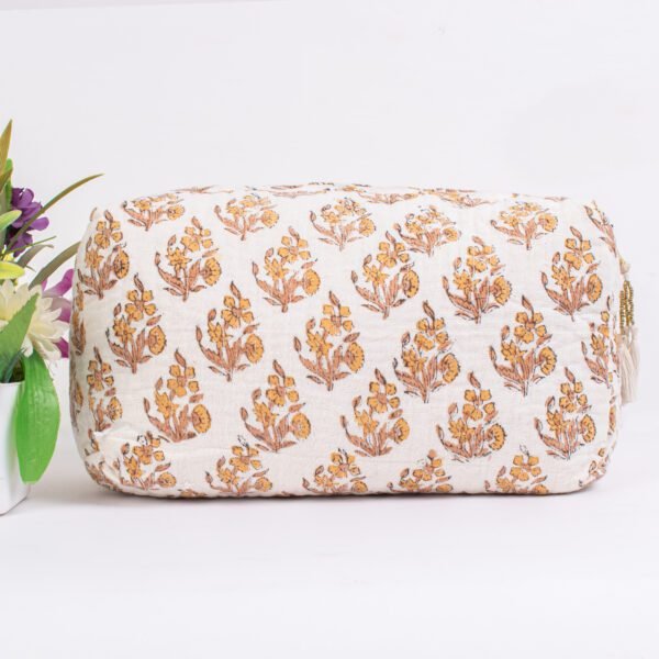 Handcrafted Makeup Bag Set | Block Printed Cosmetic Pouches | Ivory & Gold Travel Organisers