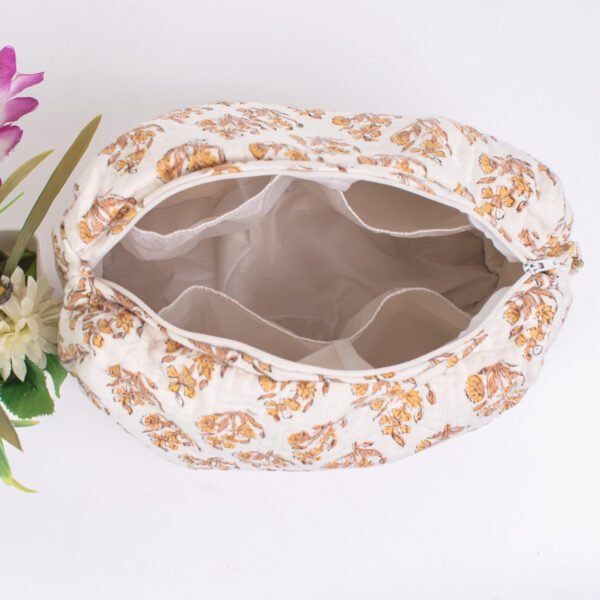 Handcrafted Makeup Bag Set | Block Printed Cosmetic Pouches | Ivory & Gold Travel Organisers - Image 5