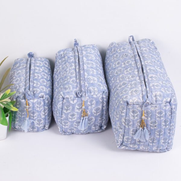 Powder Blue Block Print Makeup Bag Set | Wholesale Cosmetic Pouches | Travel Organisers - Image 2