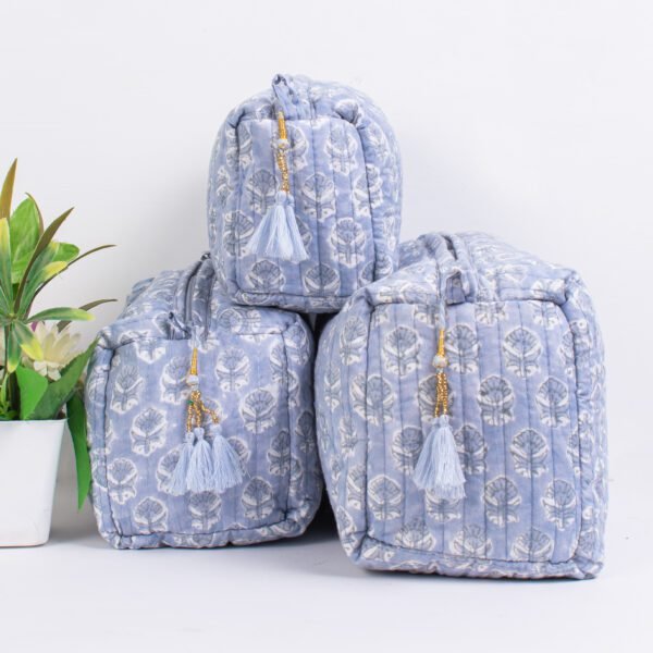 Powder Blue Block Print Makeup Bag Set | Wholesale Cosmetic Pouches | Travel Organisers - Image 4
