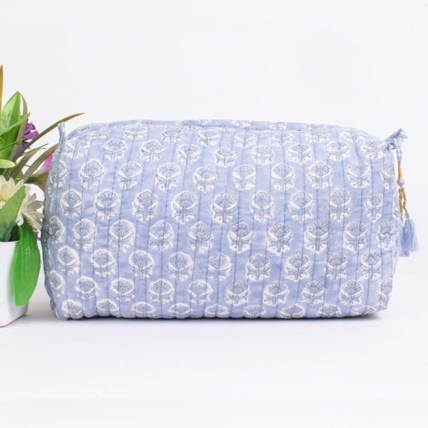 Powder Blue Block Print Makeup Bag Set | Wholesale Cosmetic Pouches | Travel Organisers