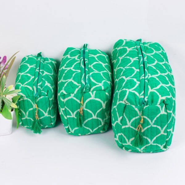 Emerald Scale Block Print Makeup Bag Set | Wholesale Cosmetic Pouches | Travel Organisers - Image 3