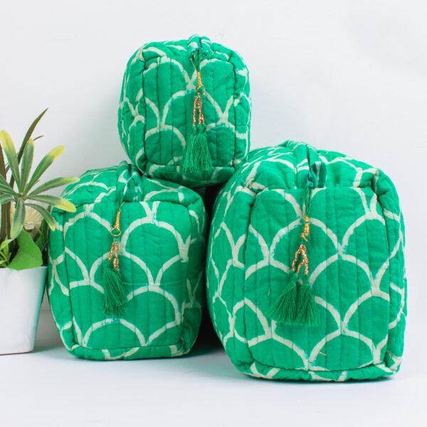 Emerald Scale Block Print Makeup Bag Set | Wholesale Cosmetic Pouches | Travel Organisers - Image 4