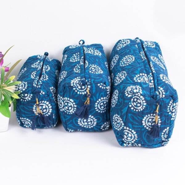 Azure Sunburst Makeup Bag Set | Block Printed Cosmetic Pouches | Wholesale Collection - Image 2