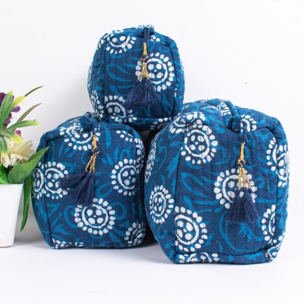 Azure Sunburst Makeup Bag Set | Block Printed Cosmetic Pouches | Wholesale Collection - Image 4